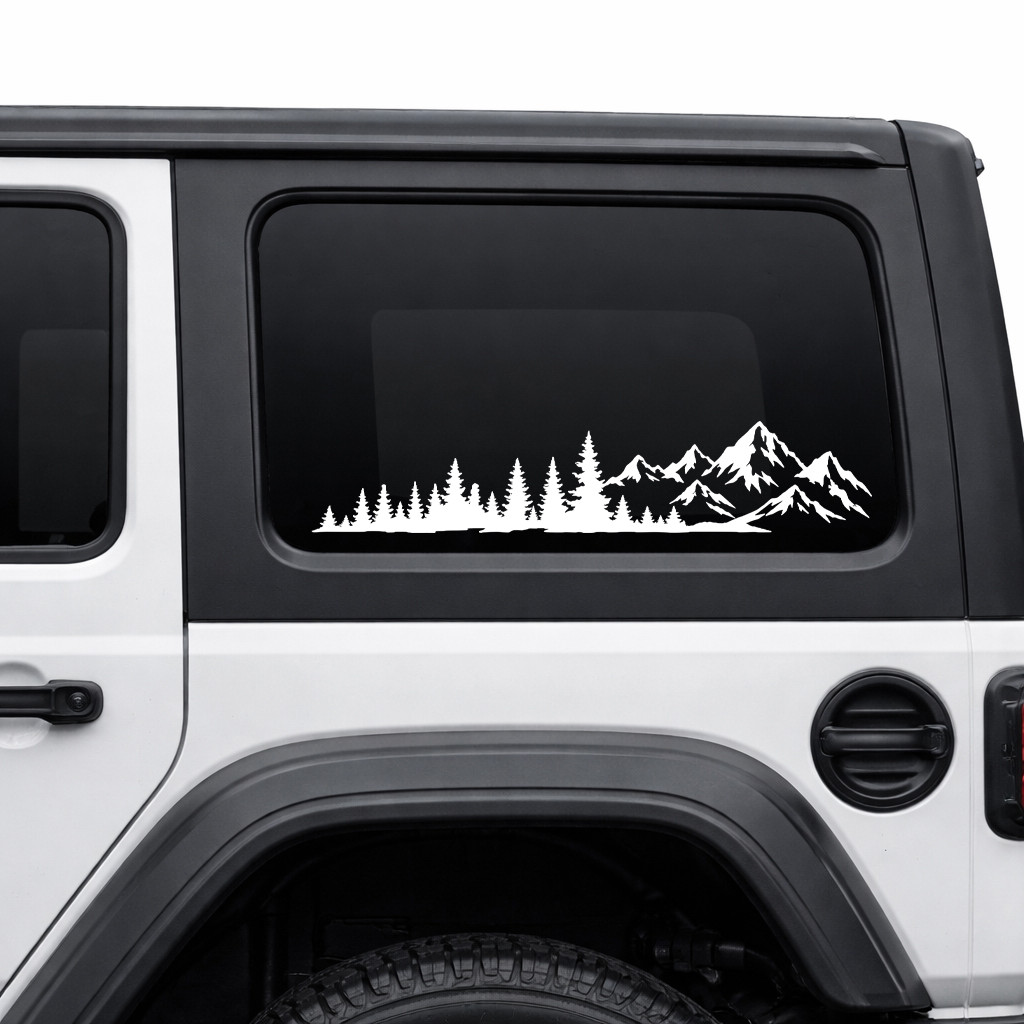 Mountain Forest vinyl decal featuring a panoramic mountain range and evergreen trees for RVs, campers, trucks, SUVs, travel trailers, vans, and overland vehicles.