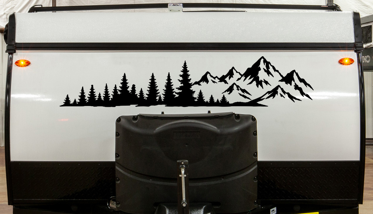 Mountain Forest vinyl decal featuring a panoramic mountain range and evergreen trees for RVs, campers, trucks, SUVs, travel trailers, vans, and overland vehicles.