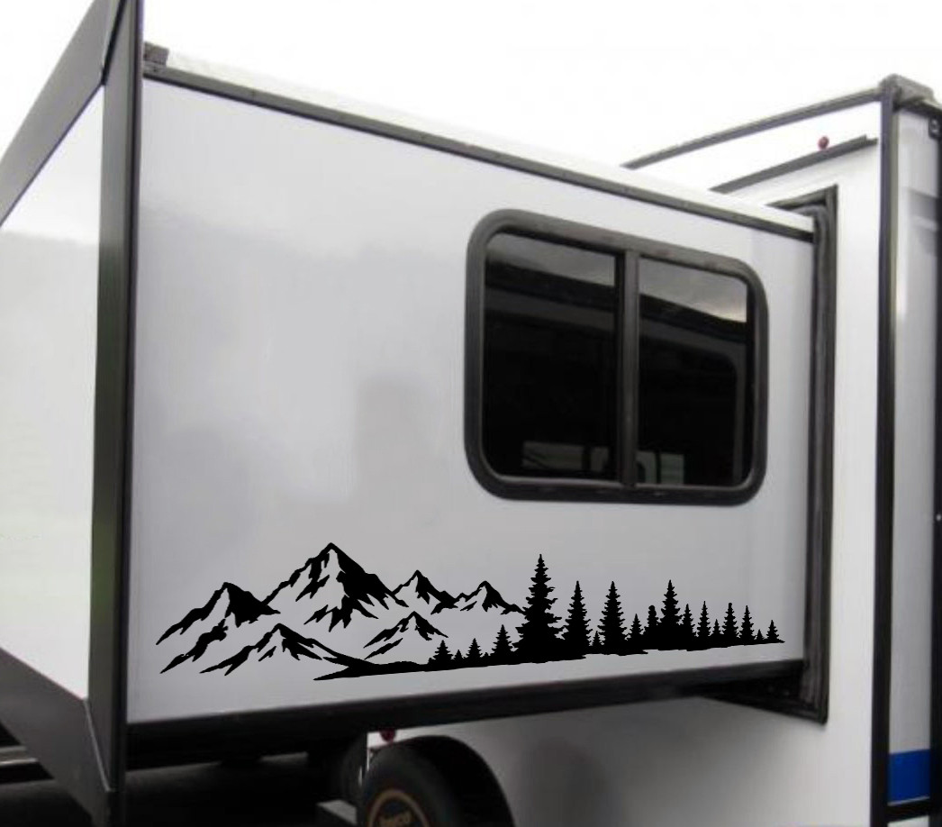 Mountain Forest vinyl decal featuring a panoramic mountain range and evergreen trees for RVs, campers, trucks, SUVs, travel trailers, vans, and overland vehicles.