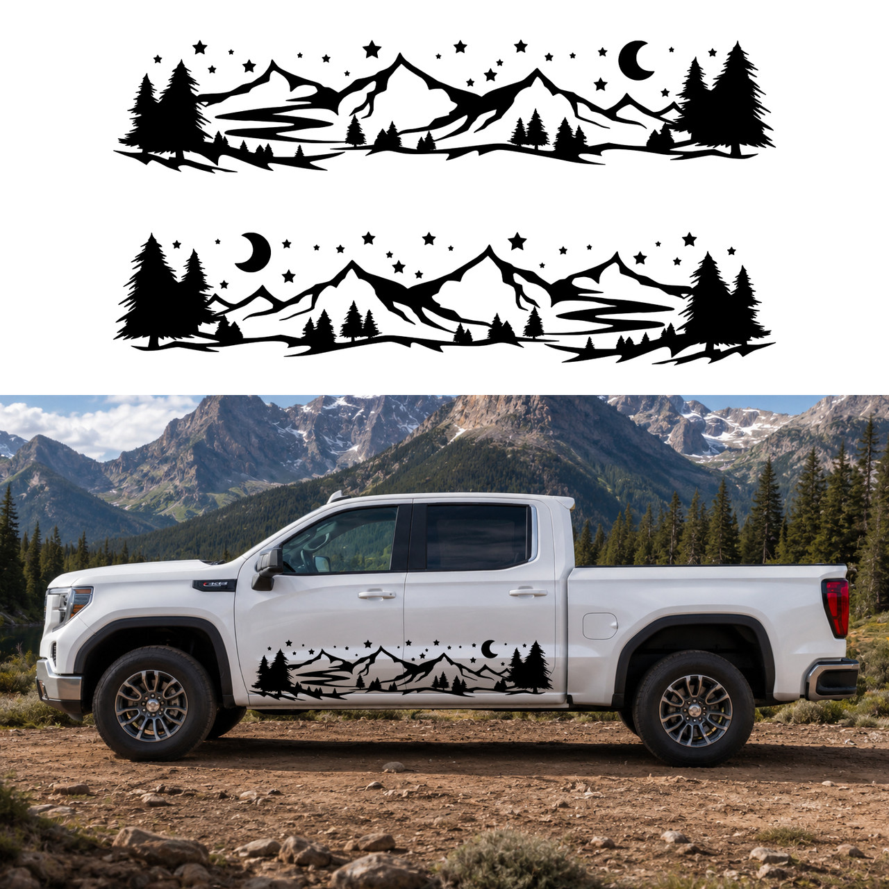 Mirrored pair mountain moon stars vinyl decals featuring rugged mountains, evergreen trees, a crescent moon, and stars for trucks, RVs, campers, travel trailers, and overland vehicles.