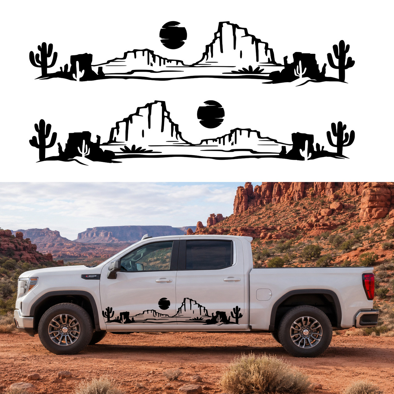Mirrored pair desert cactus mesa sun vinyl decals featuring Southwestern desert scenery with saguaro cacti and mesas for trucks, RVs, campers, travel trailers, and overland vehicles.