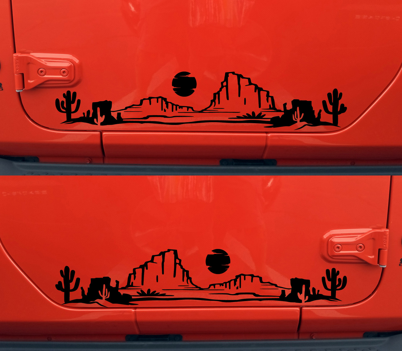 Mirrored pair desert cactus mesa sun vinyl decals featuring Southwestern desert scenery with saguaro cacti and mesas for trucks, RVs, campers, travel trailers, and overland vehicles.