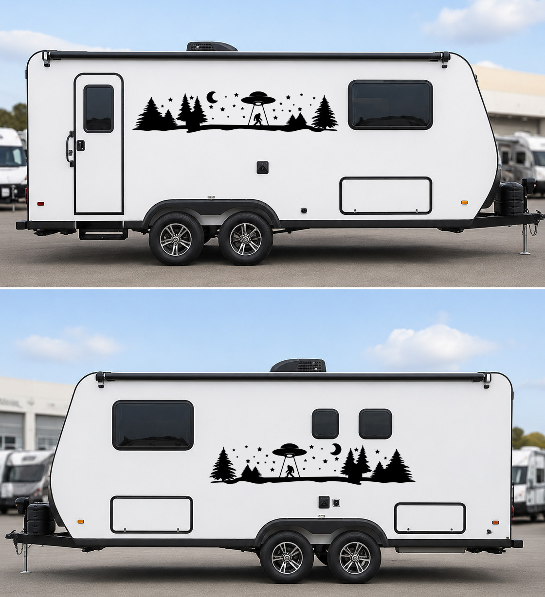 Mirrored pair Bigfoot UFO abduction forest vinyl decals featuring Sasquatch, a flying saucer, crescent moon, stars, and pine trees for trucks, RVs, campers, travel trailers, and overland vehicles.