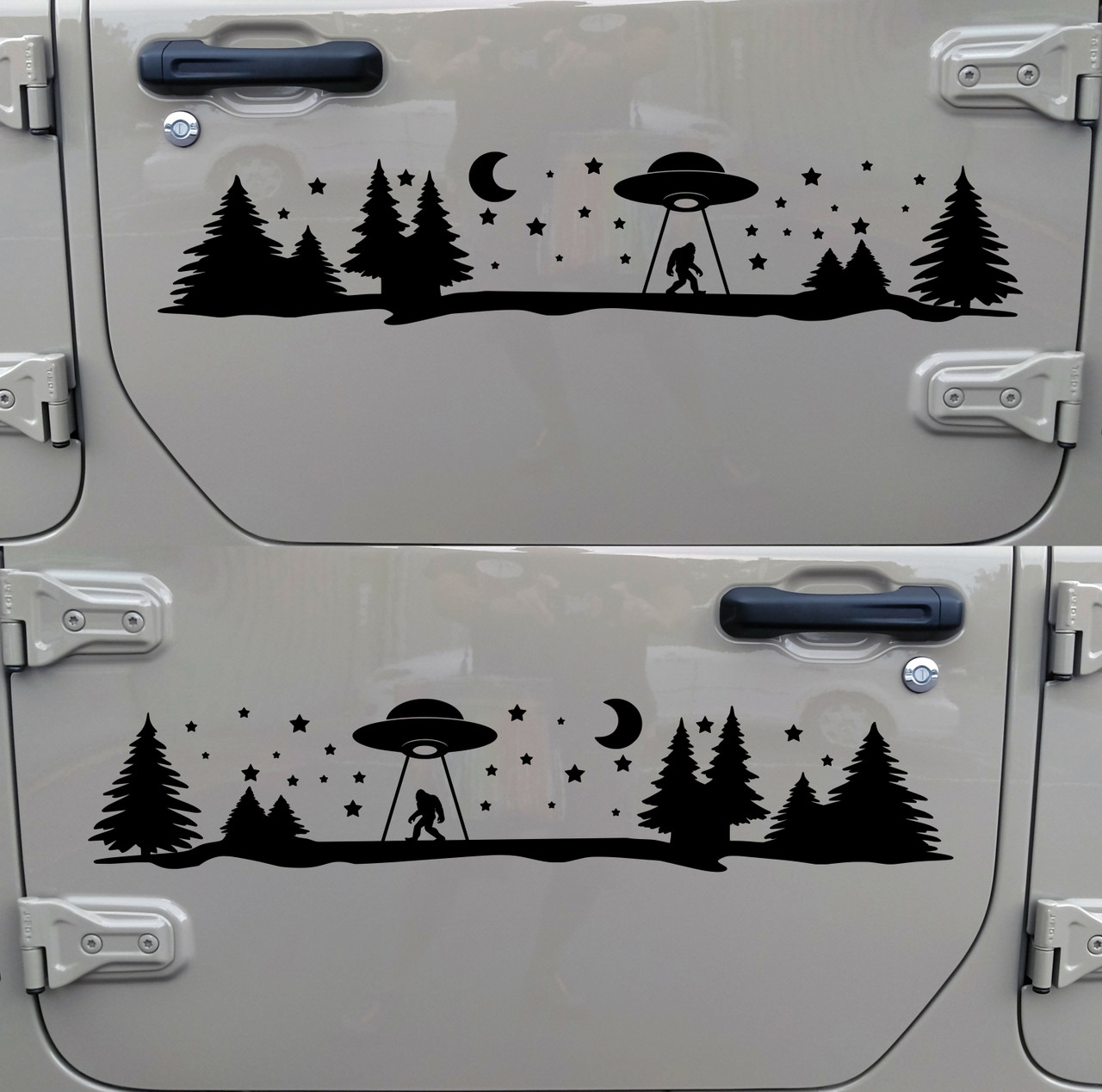 Mirrored pair Bigfoot UFO abduction forest vinyl decals featuring Sasquatch, a flying saucer, crescent moon, stars, and pine trees for trucks, RVs, campers, travel trailers, and overland vehicles.