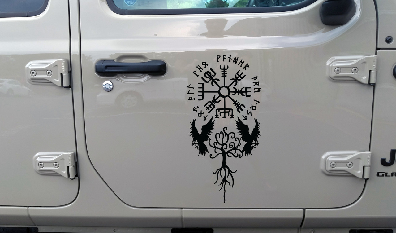 Not All Who Wander Are Lost Vegvisir vinyl decal with Elder Futhark runes, Huginn and Muninn ravens, and the Yggdrasil Tree of Life.