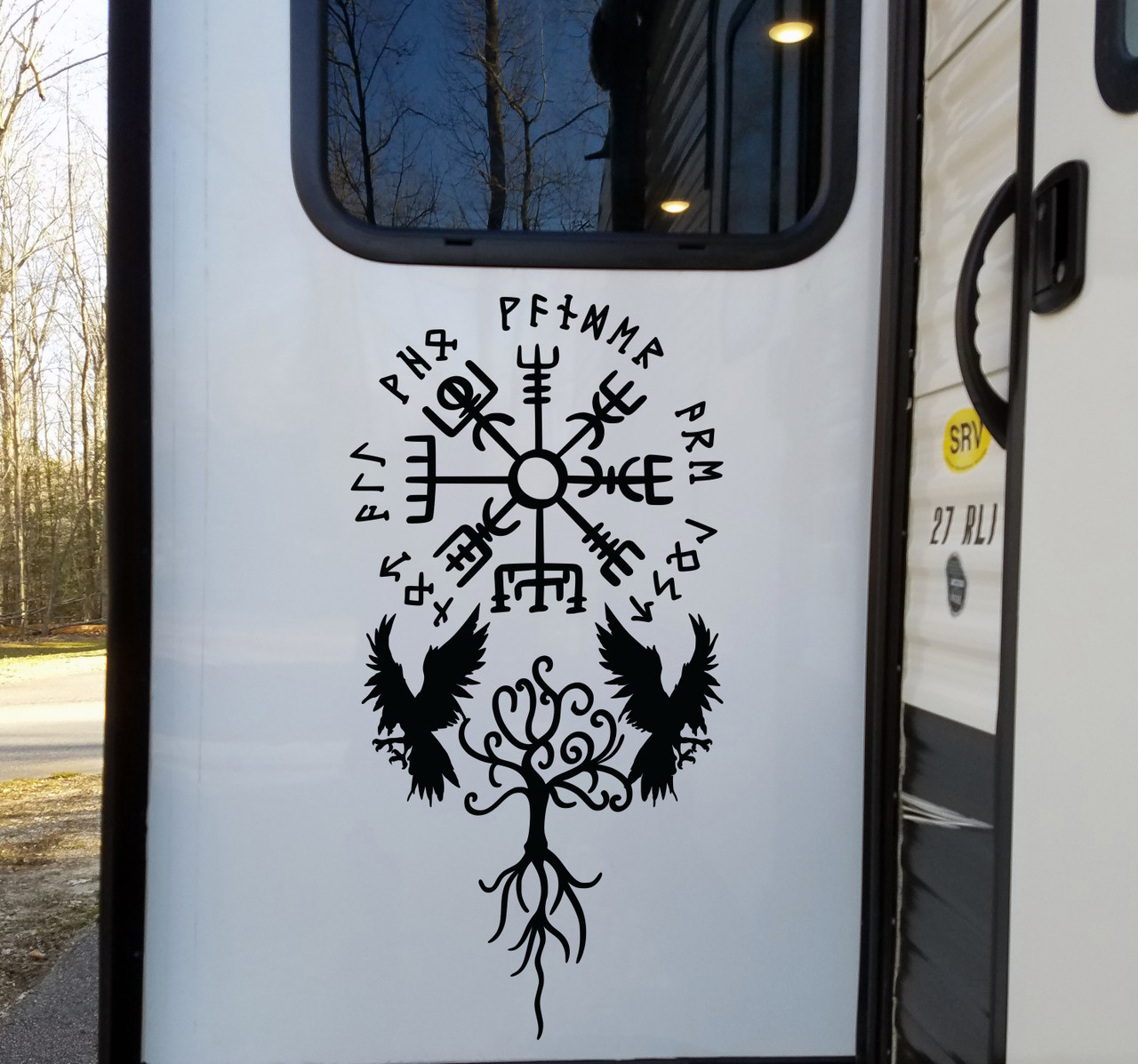 Not All Who Wander Are Lost Vegvisir vinyl decal with Elder Futhark runes, Huginn and Muninn ravens, and the Yggdrasil Tree of Life.
