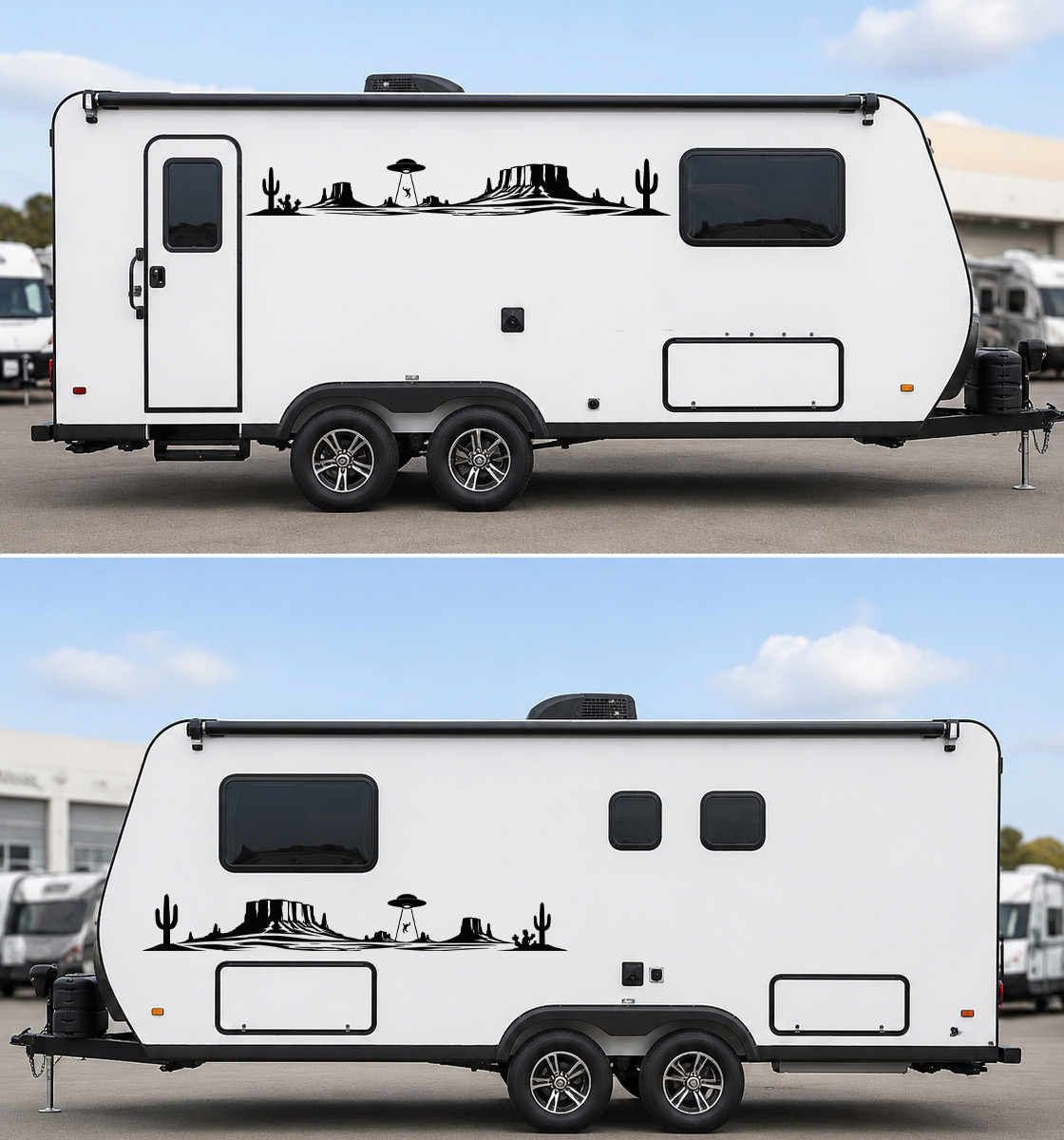 Pair of desert UFO abduction vinyl decals featuring mesas, saguaro cacti, and an alien spacecraft for trucks, campers, RVs, and travel trailers.