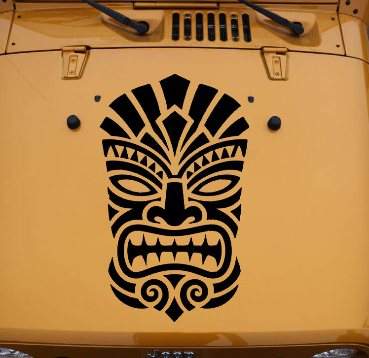 Polynesian Tiki Mask vinyl decal inspired by traditional Hawaiian tribal art for vehicles, campers, boats, surfboards, and tropical décor.