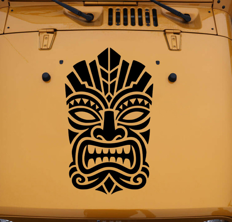 Polynesian Tiki Mask Hawaiian tribal vinyl decal for vehicles, campers, boats, surfboards, and tropical décor.