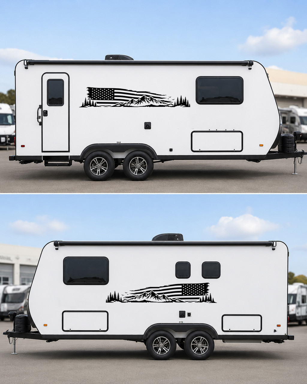Matching pair of patriotic mountain vinyl decals featuring a distressed American flag, rugged mountains, and evergreen trees for trucks, RVs, campers, and travel trailers.