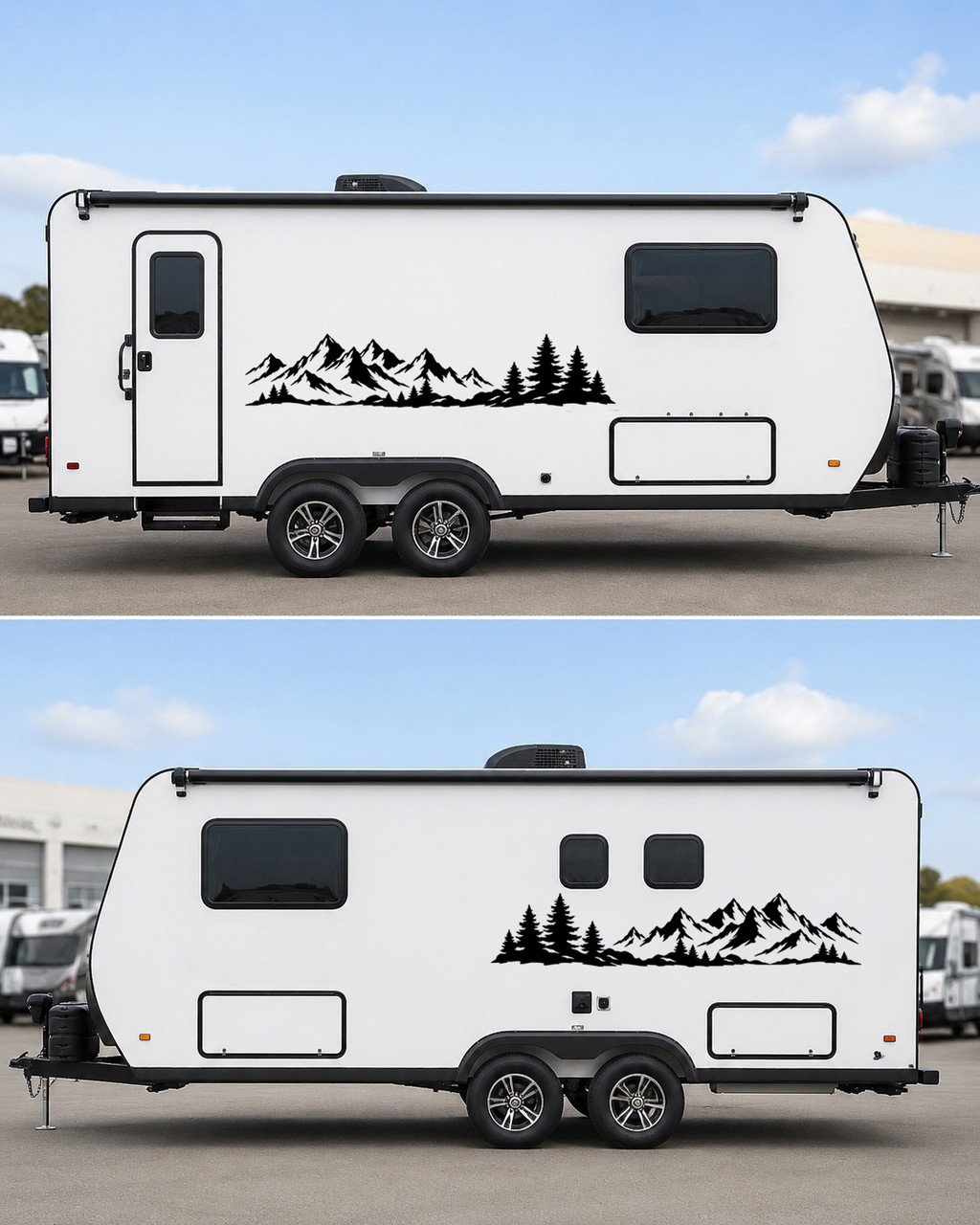 Mountain & Pine Tree Vinyl Decals V2 Mirrored Pair for Trucks RVs Campers