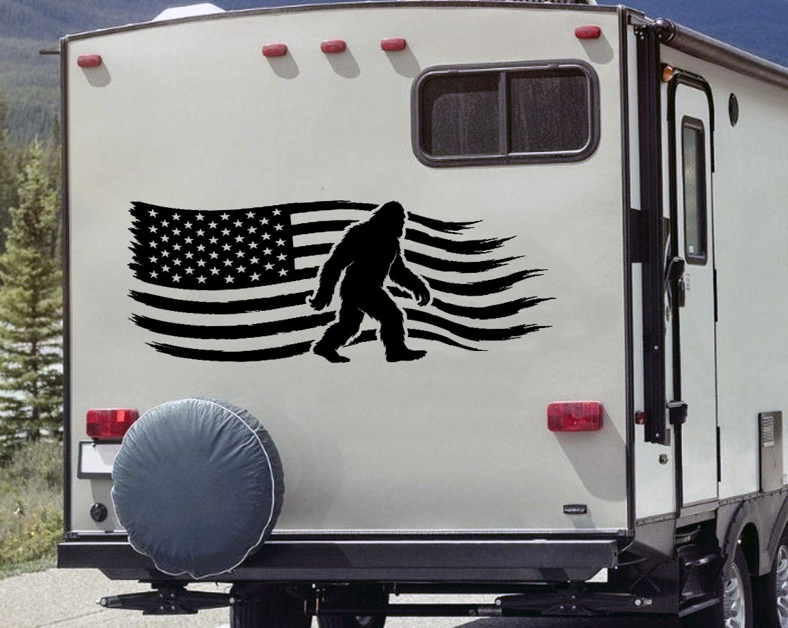 Bigfoot RV camper vinyl decal with walking Sasquatch and distressed American flag