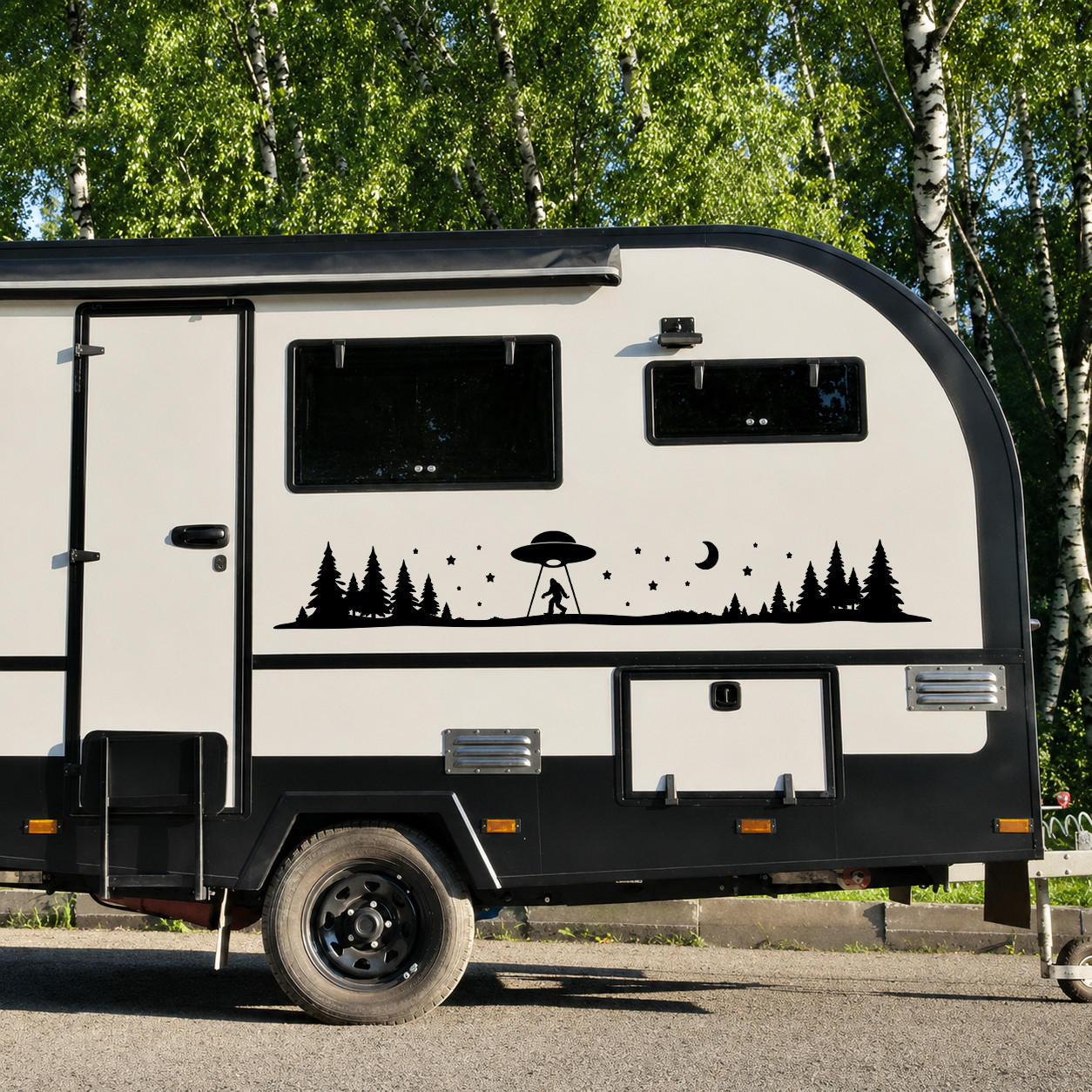 Mirrored Bigfoot UFO abduction forest vinyl decal pair with pine trees moon and stars for truck RV camper and motorhome sides
