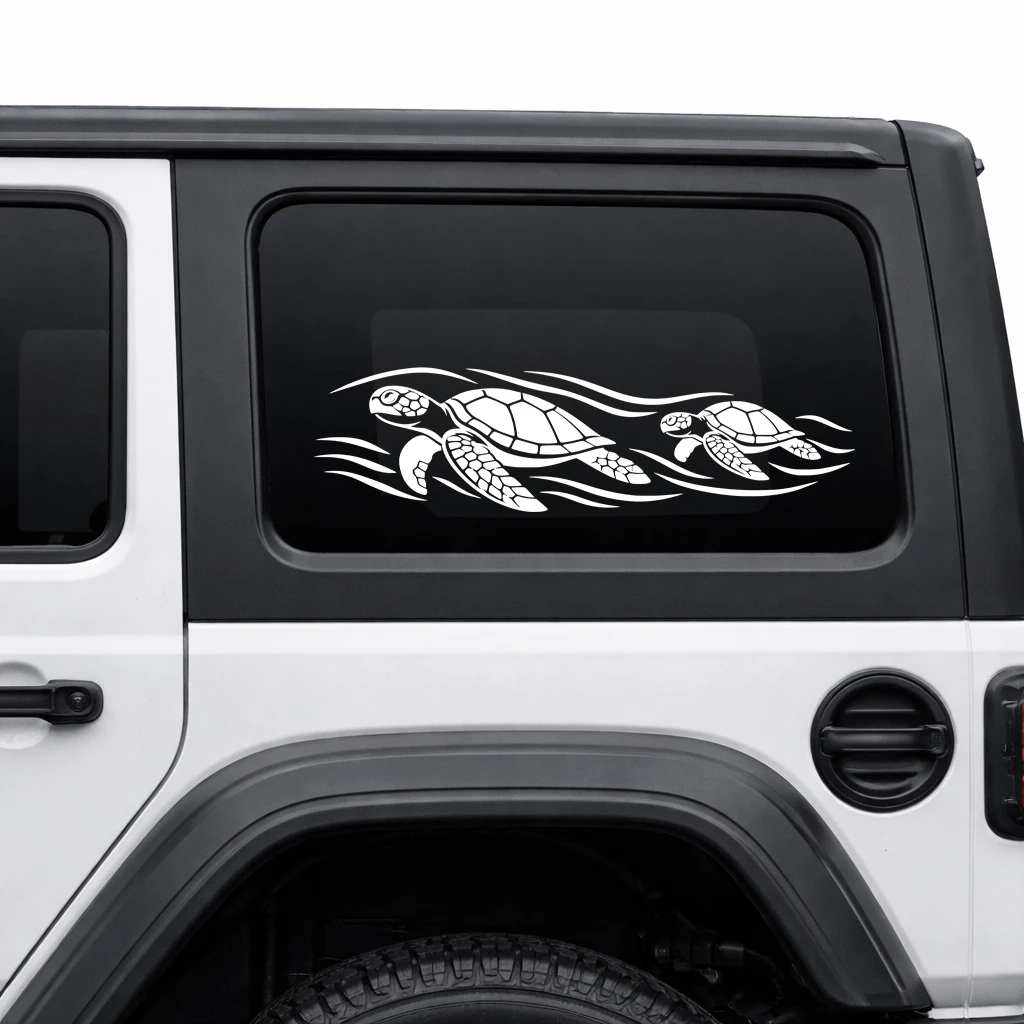 Mirrored pair of swimming sea turtle vinyl decals with ocean waves for truck SUV RV camper and trailer sides