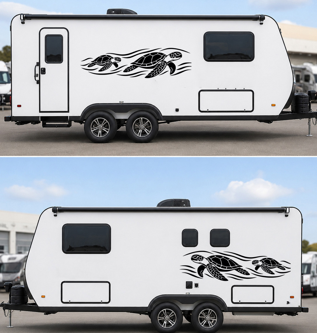 Mirrored pair of swimming sea turtle vinyl decals with ocean waves for truck SUV RV camper and trailer sides