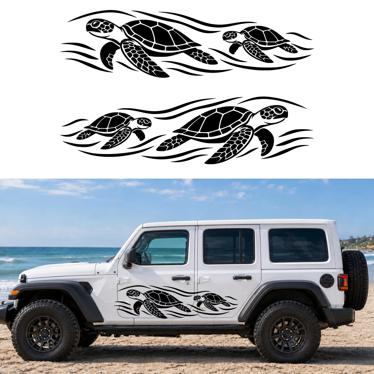 Mirrored pair of swimming sea turtle vinyl decals with ocean waves for truck SUV RV camper and trailer sides