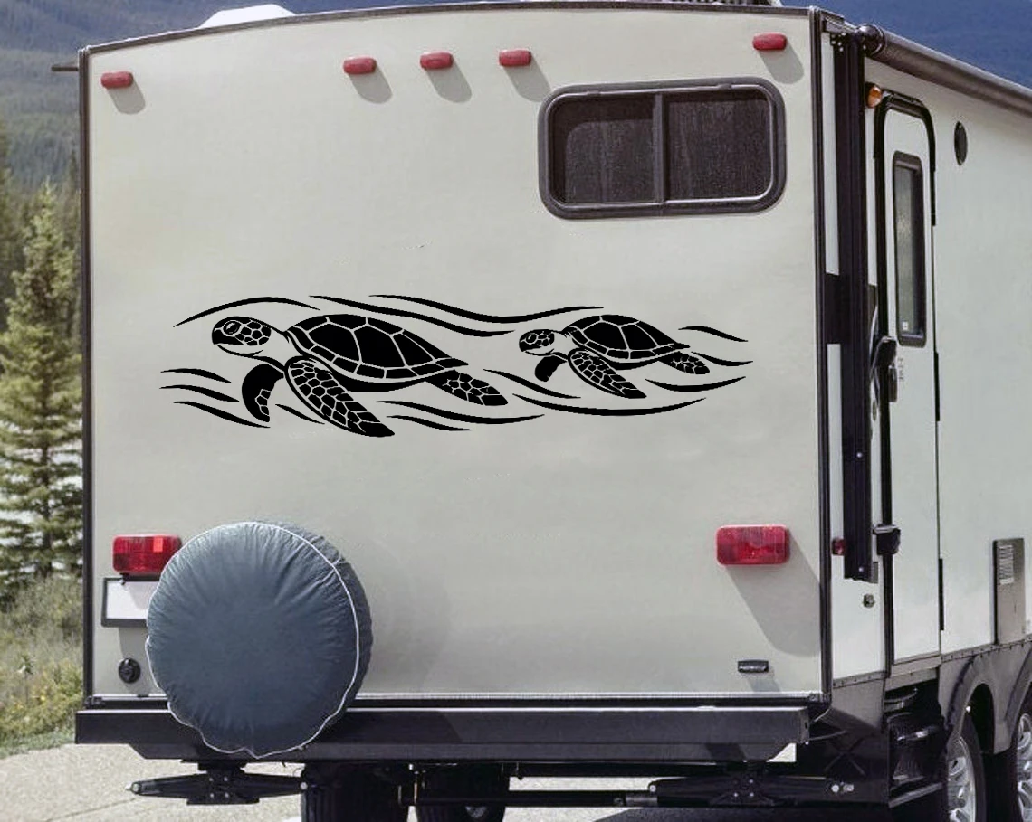 Two sea turtles swimming through ocean waves vinyl decal for RV camper motorhome travel trailer and coastal vehicle graphics
