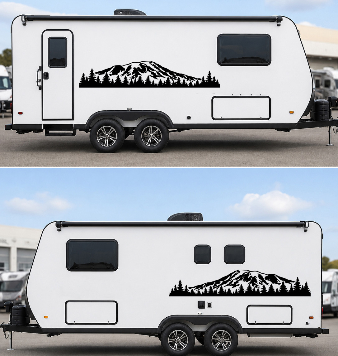 Mirrored pair Mount Rainier vinyl decals with mountain and evergreen forest landscape for truck RV camper motorhome and travel trailer sides