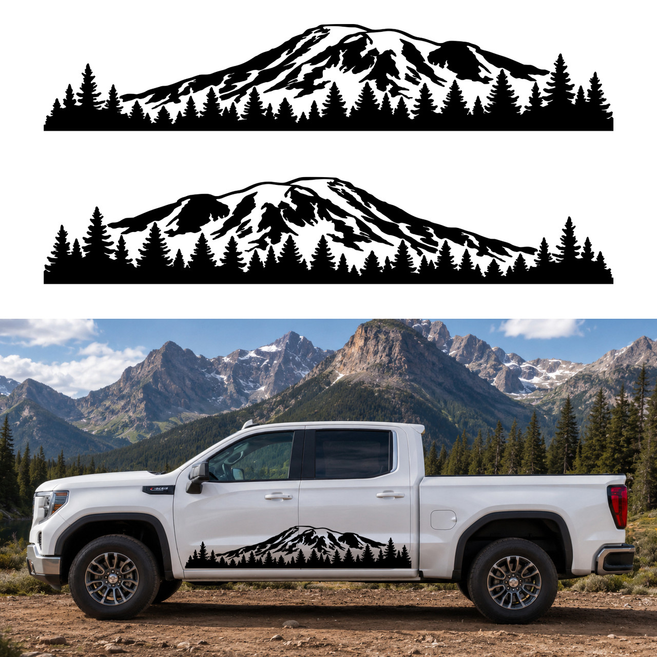 Mirrored pair Mount Rainier vinyl decals with mountain and evergreen forest landscape for truck RV camper motorhome and travel trailer sides
