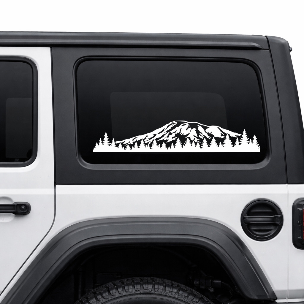 Mount Rainier vinyl decal with mountain and evergreen forest landscape for RV camper truck motorhome and travel trailer