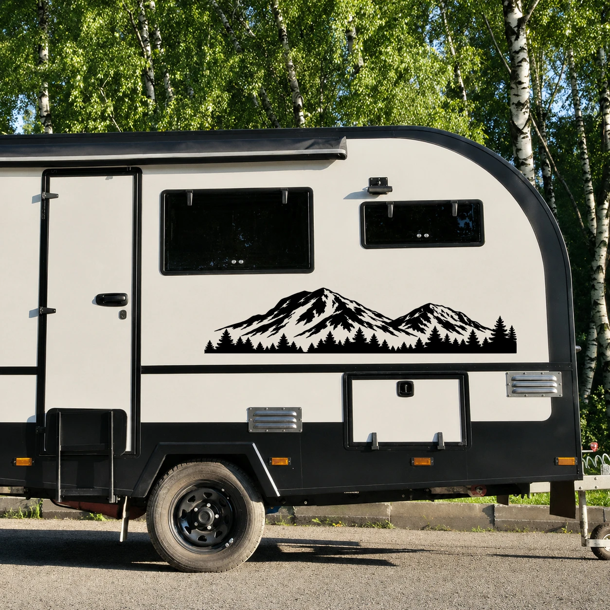 Pagosa Peak Colorado mountain and evergreen forest vinyl decal displayed on rear of RV camper