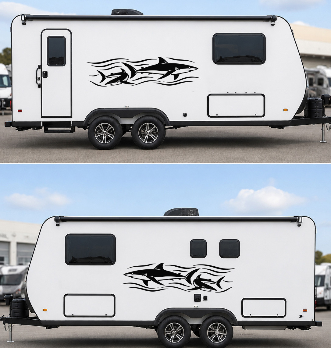 Mirrored pair shark vinyl decals featuring sharks swimming through ocean waves for RV camper motorhome travel trailer and truck sides