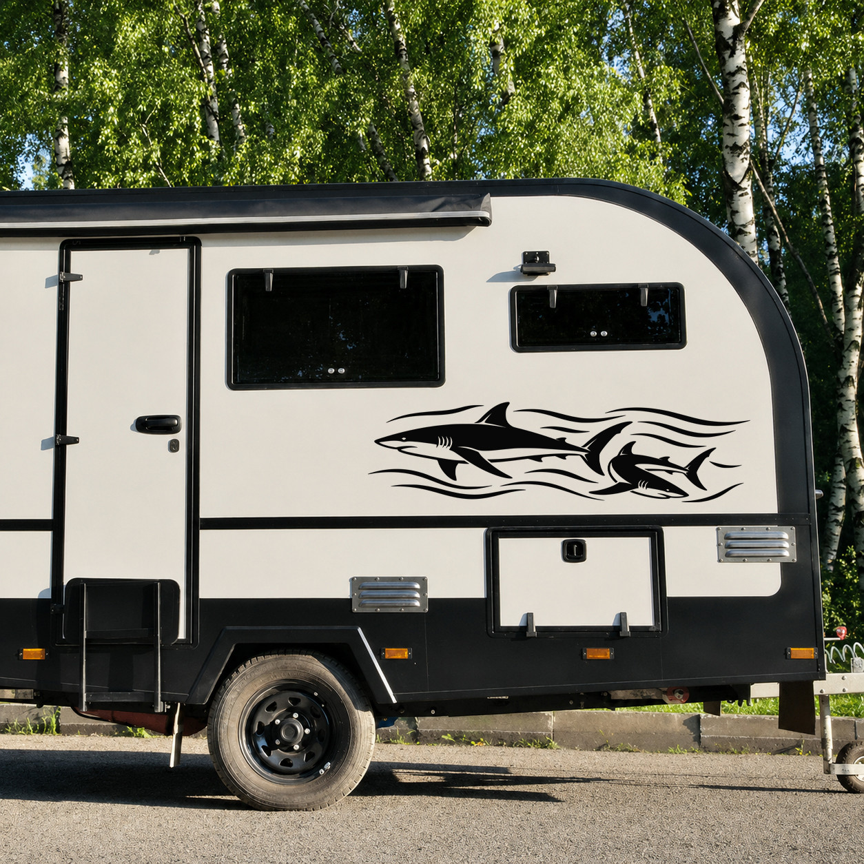 Sharks swimming through ocean waves vinyl decal for RV camper motorhome travel trailer truck and coastal vehicle graphics