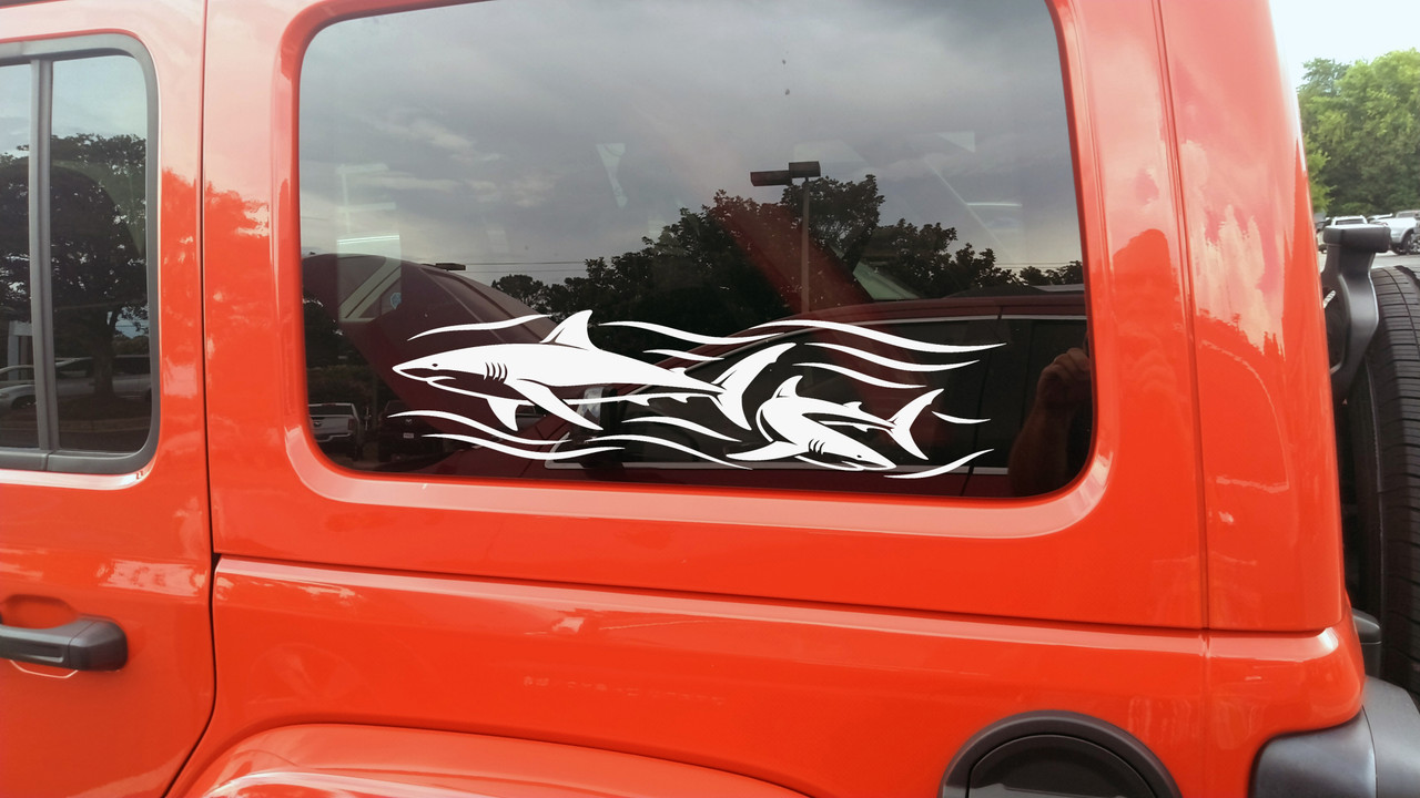 Sharks swimming through ocean waves vinyl decal for RV camper motorhome travel trailer truck and coastal vehicle graphics
