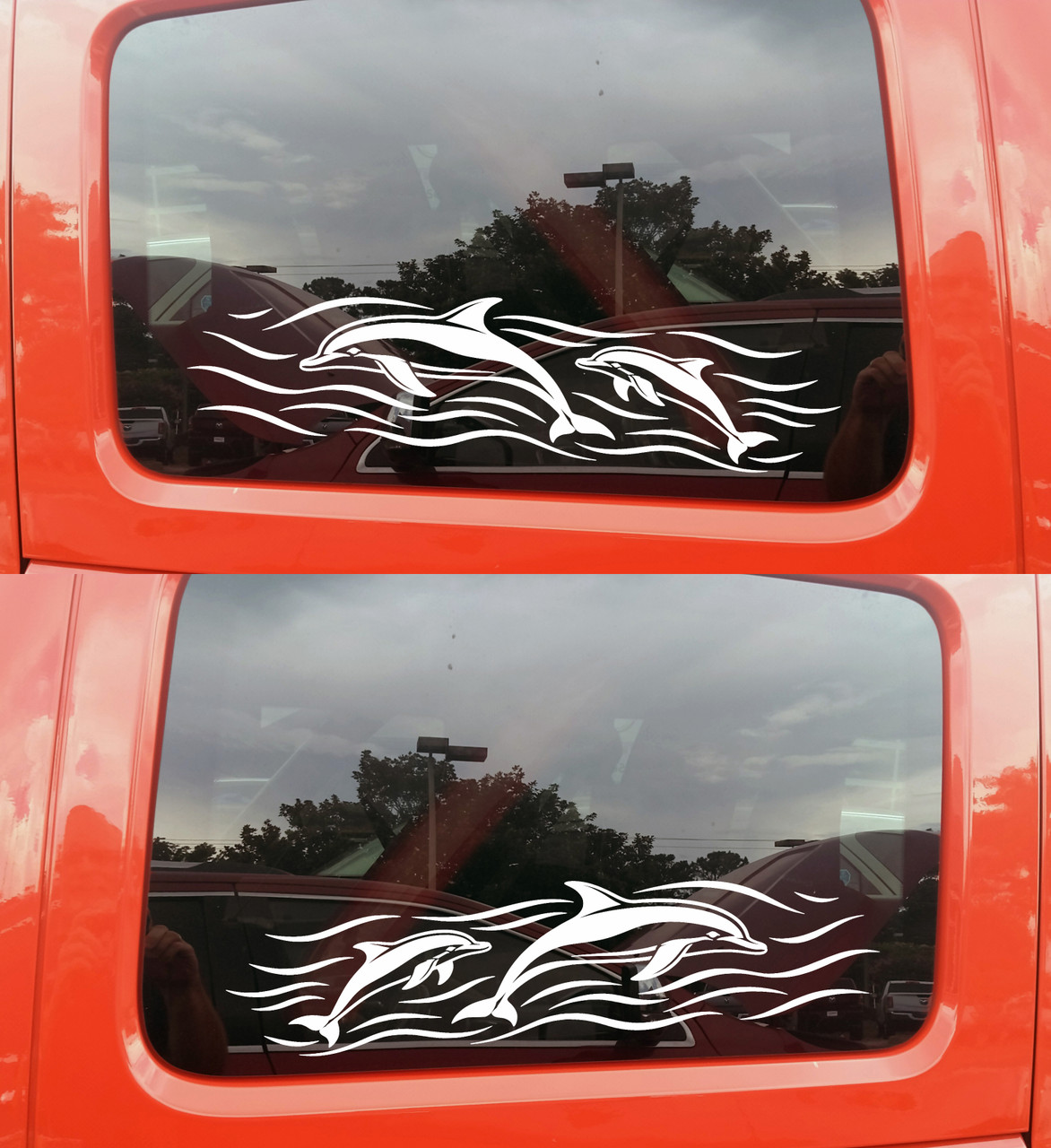 Mirrored pair dolphin vinyl decals featuring dolphins swimming through ocean waves for RV camper motorhome travel trailer and truck sides