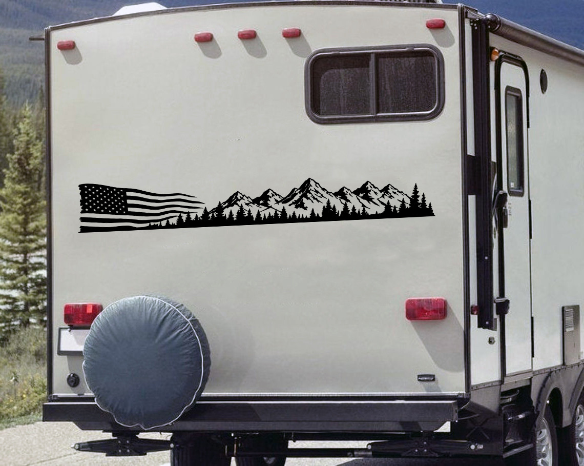 Distressed American flag mountain vinyl decal for pickup truck hood side RV camper motorhome travel trailer and vehicle graphics