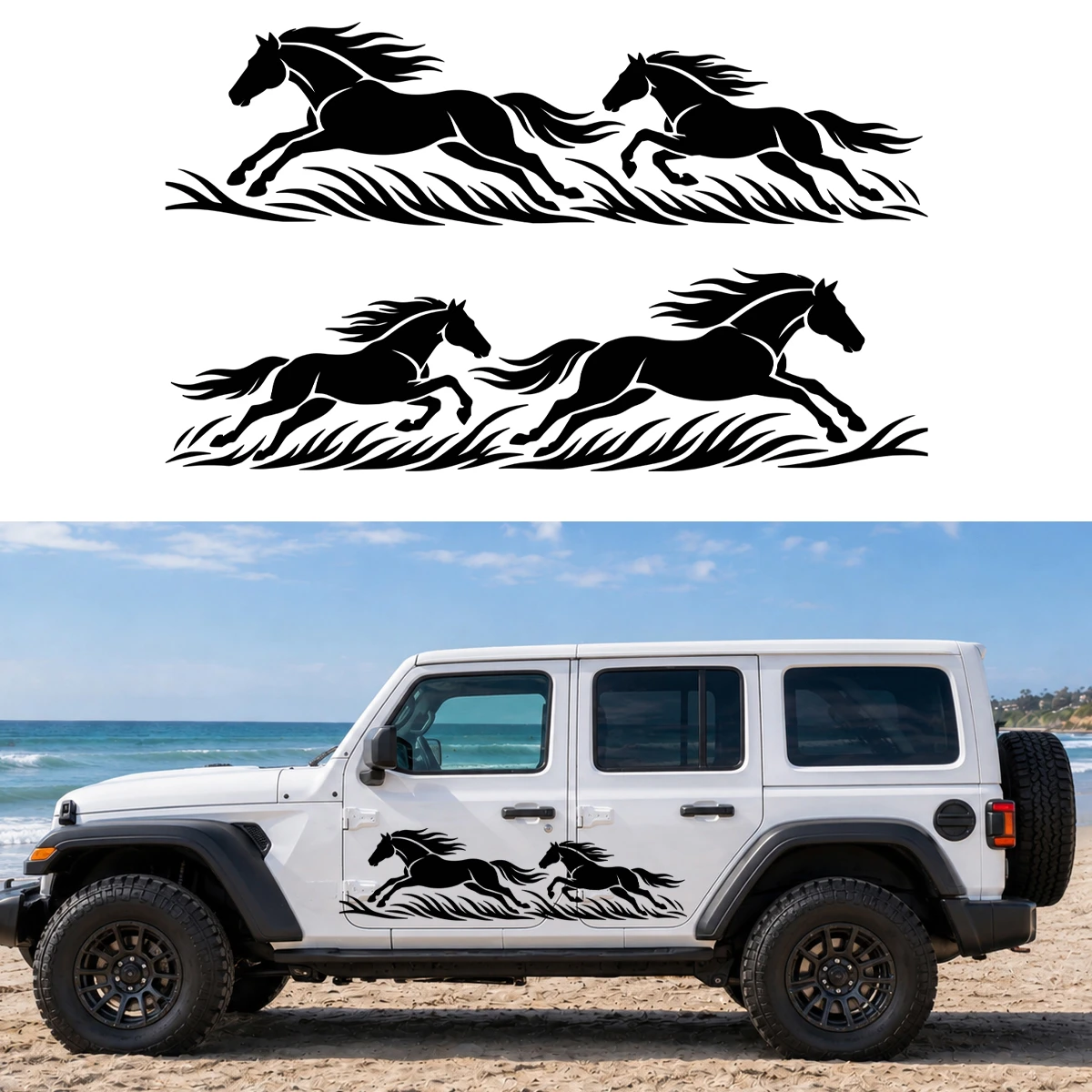 Mirrored pair galloping horses vinyl decals with flowing prairie grass for truck sides SUV RV camper motorhome horse trailer and equestrian vehicle graphics