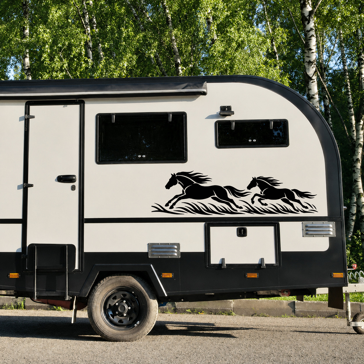 Galloping horses vinyl decal with two running horses and flowing prairie grass for truck RV camper motorhome SUV and horse trailer graphics