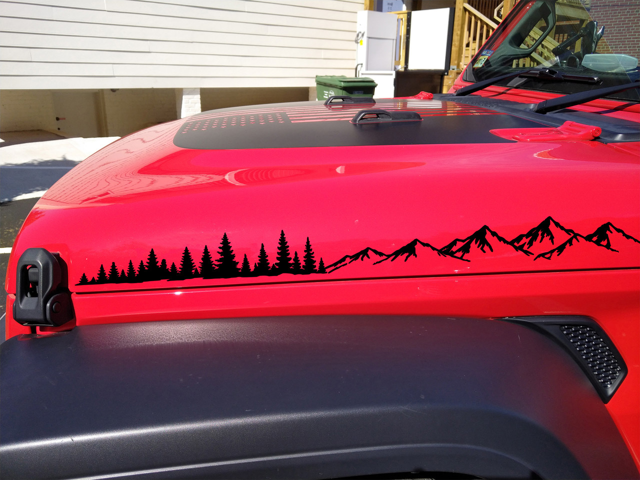 Mountain forest hood side decal pair with pine trees and rugged peaks