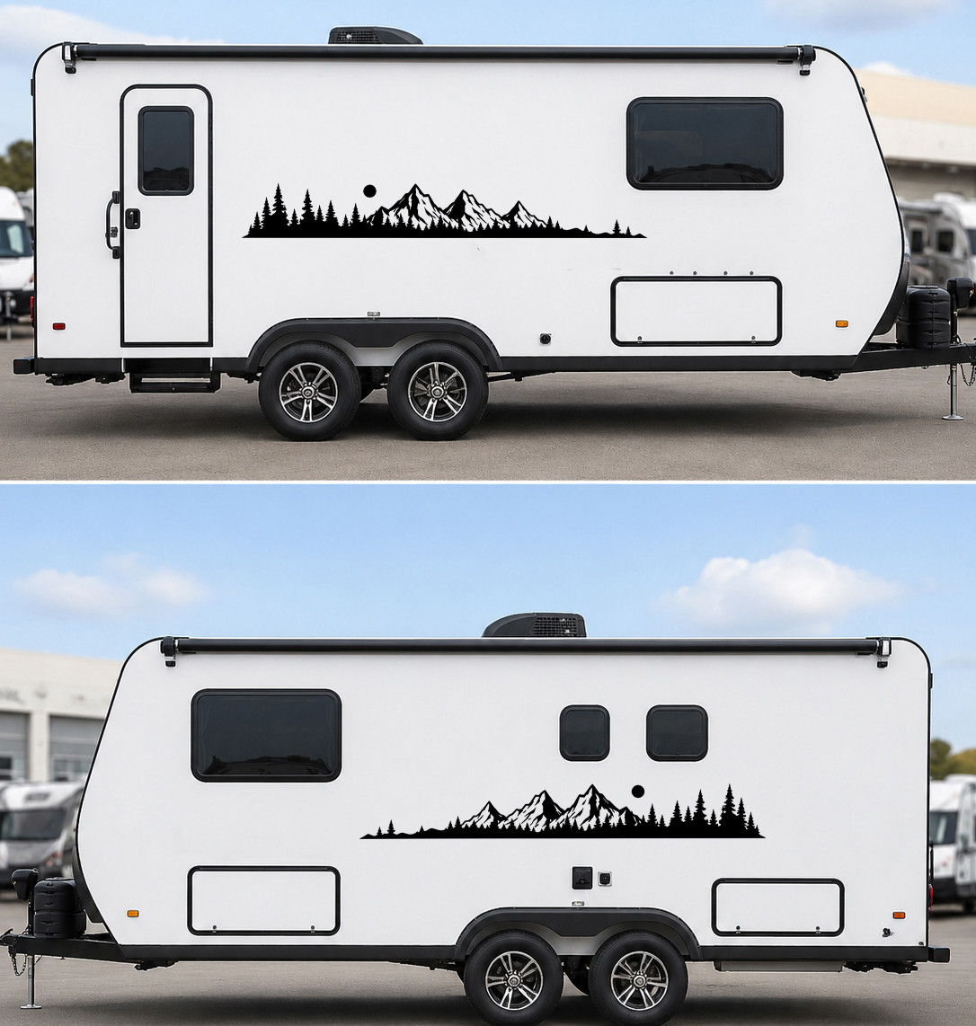 Mirrored mountain forest vinyl decals with rugged peaks evergreen pine trees and sun for truck sides RV camper motorhome and travel trailer graphics