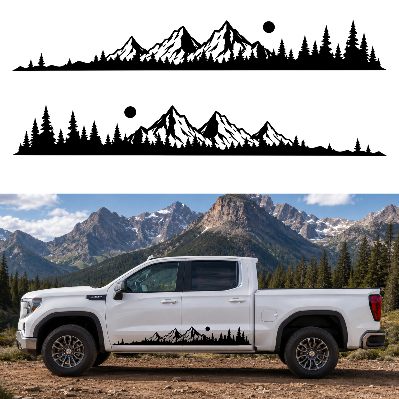 Mirrored mountain forest vinyl decals with rugged peaks evergreen pine trees and sun for truck sides RV camper motorhome and travel trailer graphics