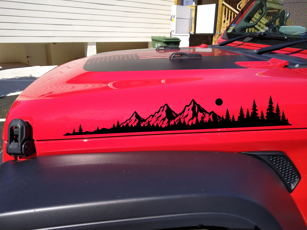 Mirrored mountain forest vinyl decals with rugged peaks evergreen pine trees and sun for truck sides RV camper motorhome and travel trailer graphics