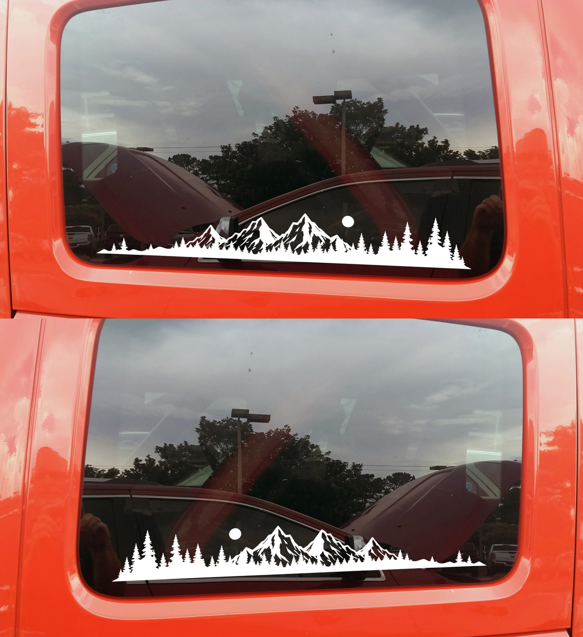 Mirrored mountain forest vinyl decals with rugged peaks evergreen pine trees and sun for truck sides RV camper motorhome and travel trailer graphics