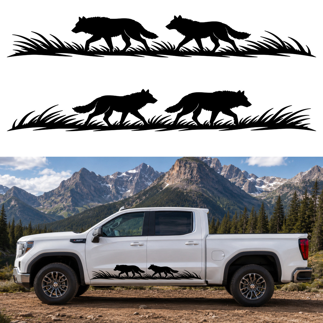 Mirrored wolf pack vinyl decals with two wolves in flowing grass for truck sides hood panels RV camper motorhome SUV and travel trailer graphics
