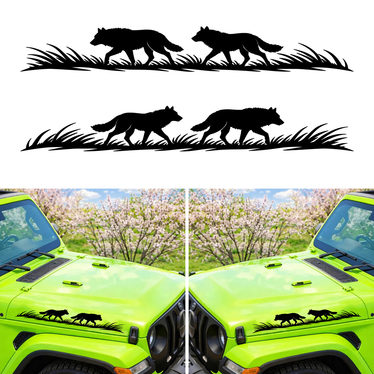Mirrored wolf pack vinyl decals with two wolves in flowing grass for truck sides hood panels RV camper motorhome SUV and travel trailer graphics