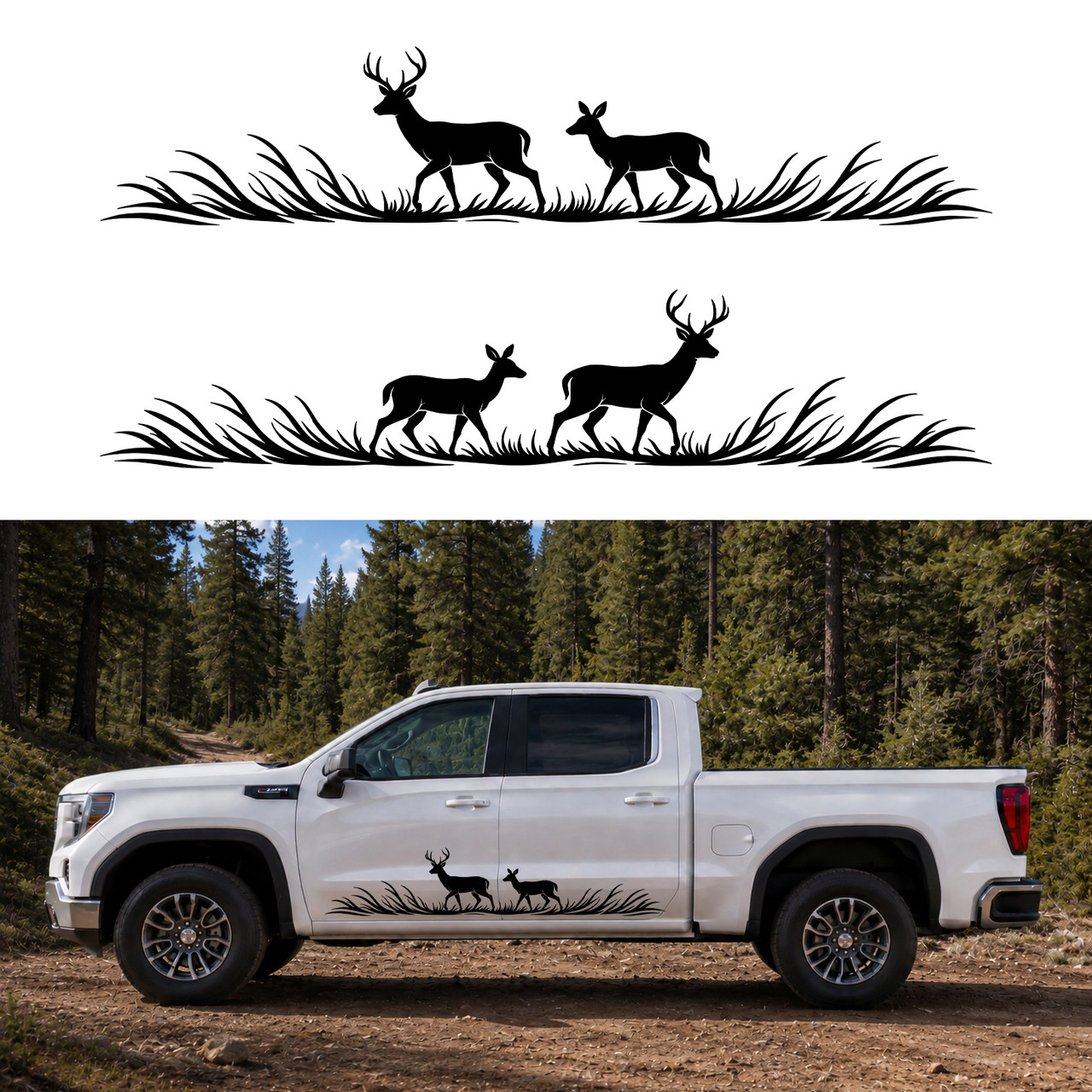 Mirrored deer vinyl decals featuring an antlered buck and doe in flowing grass for truck sides RV camper motorhome SUV and travel trailer graphics