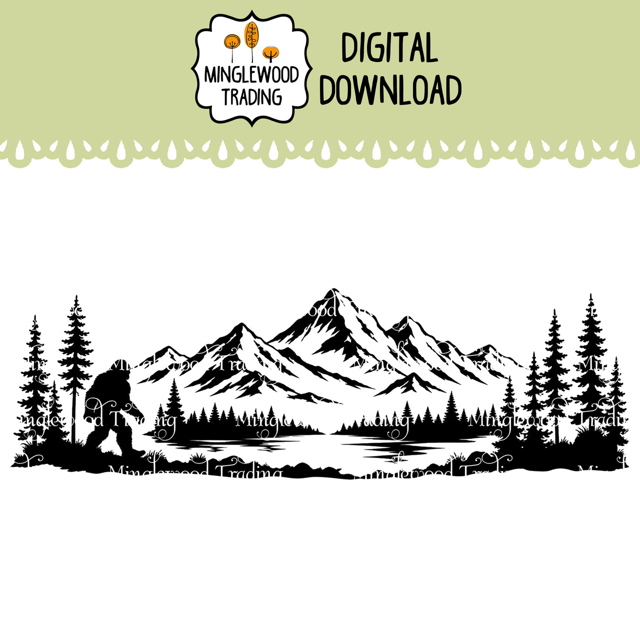 Bigfoot Mountains SVG featuring a Sasquatch silhouette with mountain scenery for camping decals outdoor signs laser projects and wilderness crafts