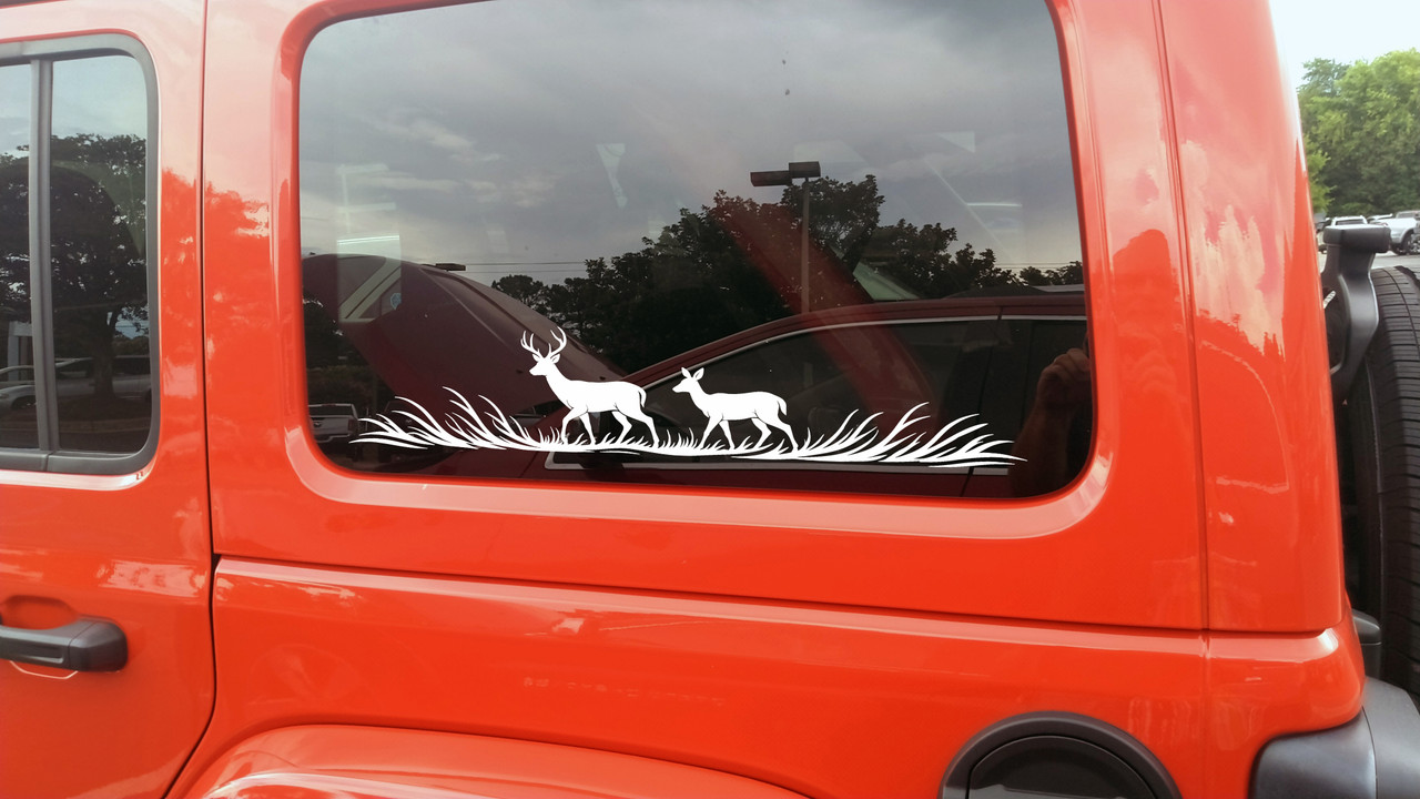 Buck and doe deer vinyl decal with flowing grass for truck sides hood panels RV camper motorhome SUV and travel trailer graphics