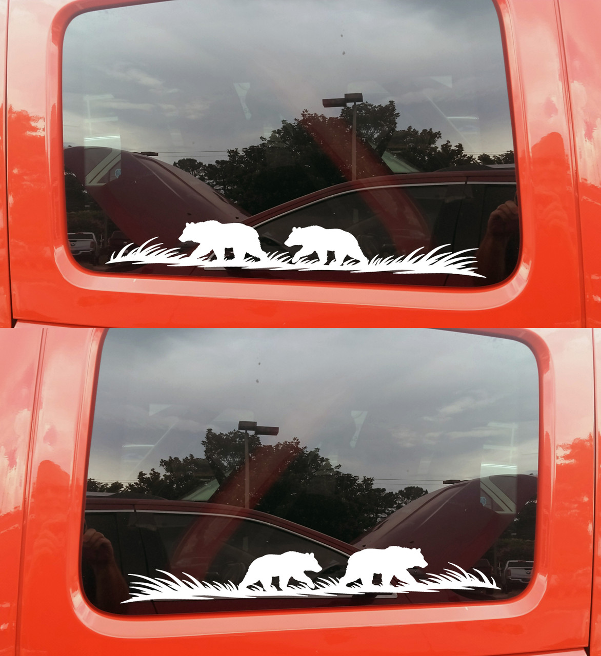 Mirrored bear vinyl decals featuring two bears in flowing grass for truck sides RV camper motorhome SUV and travel trailer graphics