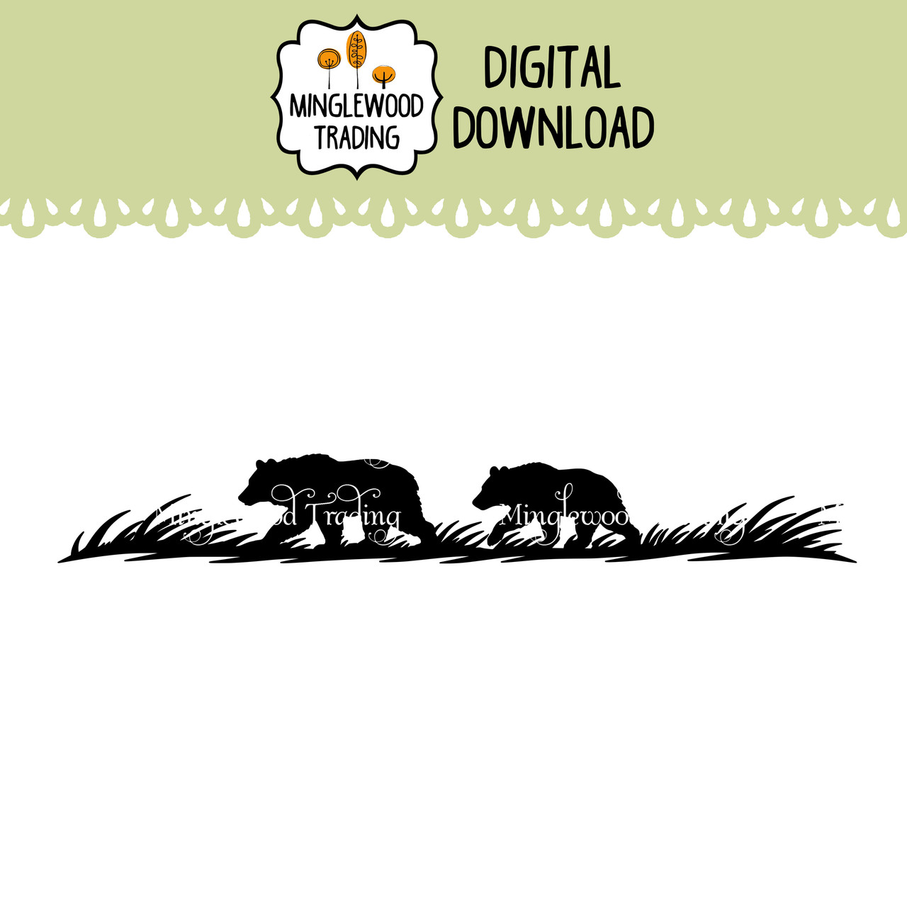 Bears in Grass SVG featuring two walking bear silhouettes in flowing grass for wildlife vehicle decals cabin signs outdoor decor and craft projects