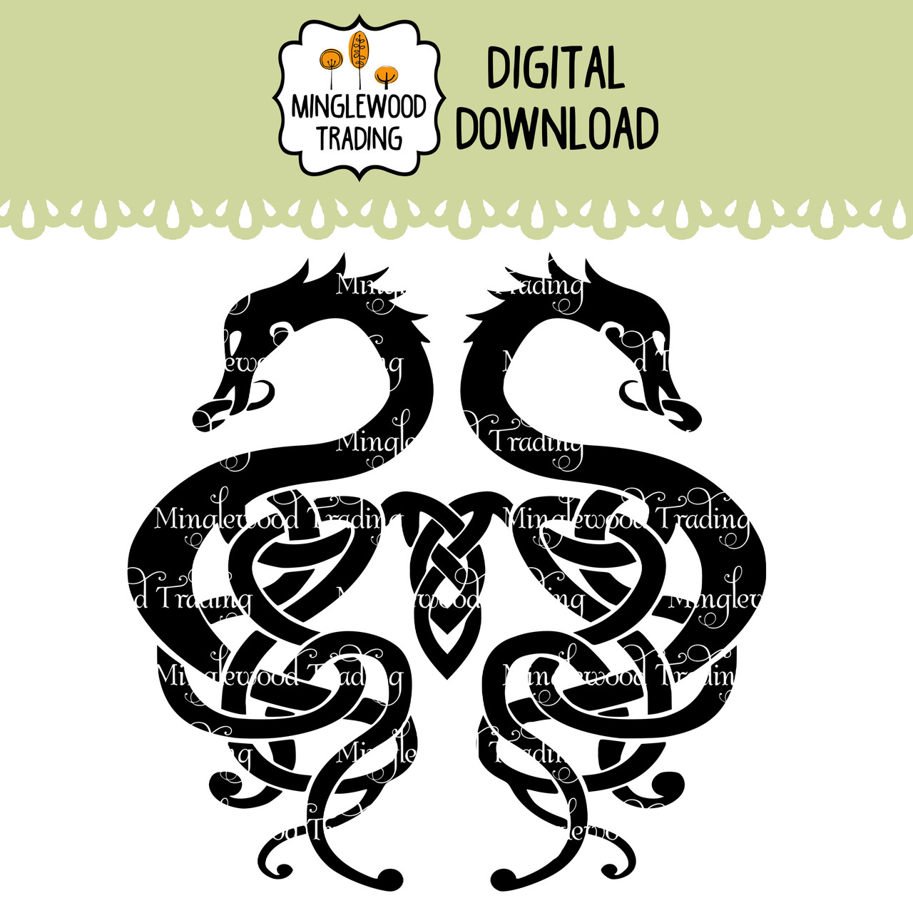 Celtic Viking Dragons SVG featuring two intertwined Norse style dragons with decorative knotwork for laser cutting CNC decals signs and medieval crafts