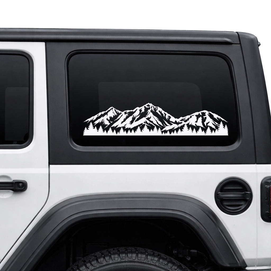 Mount Washington vinyl decal with rugged New Hampshire mountain peaks and evergreen forest displayed on an RV camper exterior
