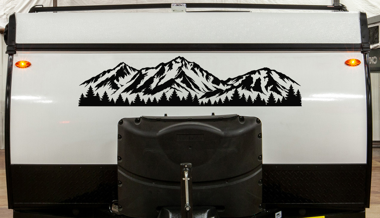 Mount Washington vinyl decal with rugged New Hampshire mountain peaks and evergreen forest displayed on an RV camper exterior