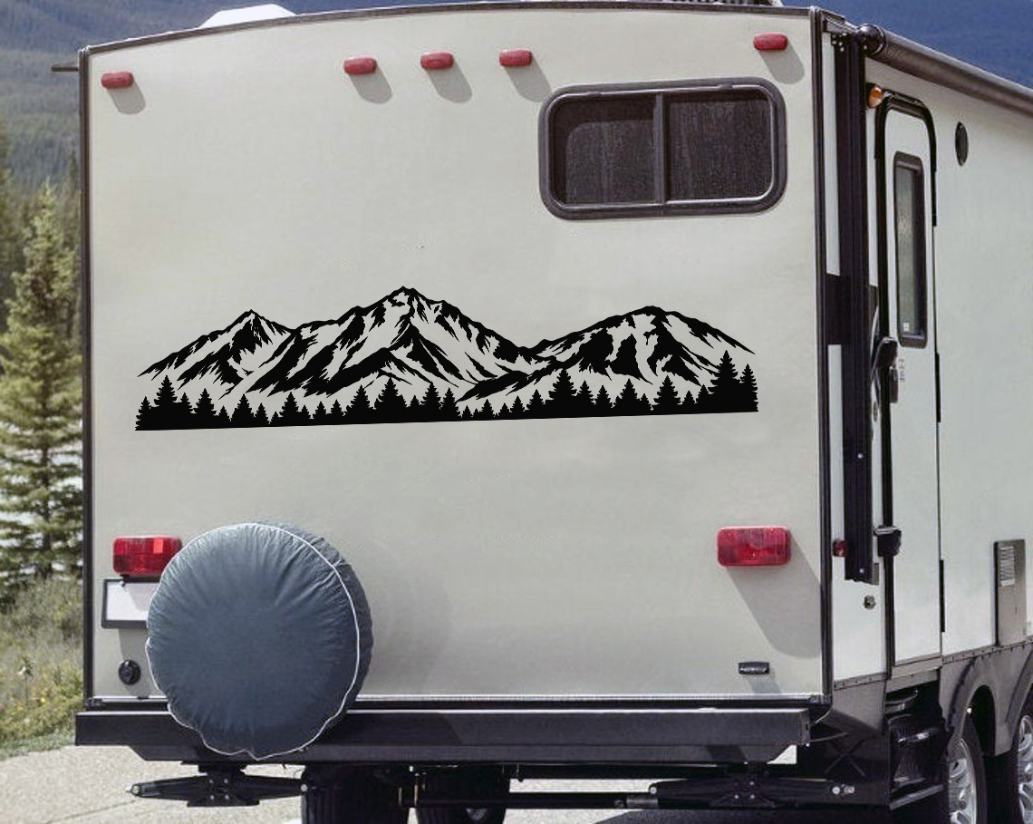 Mount Washington vinyl decal with rugged New Hampshire mountain peaks and evergreen forest displayed on an RV camper exterior