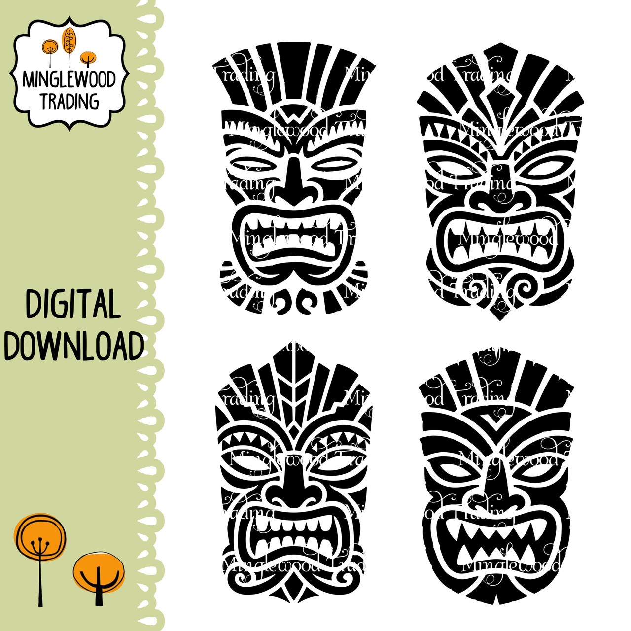 Four Tiki Masks SVG bundle featuring bold tropical faces for Hawaiian luau decor tiki bar signs vinyl decals laser cutting and craft projects