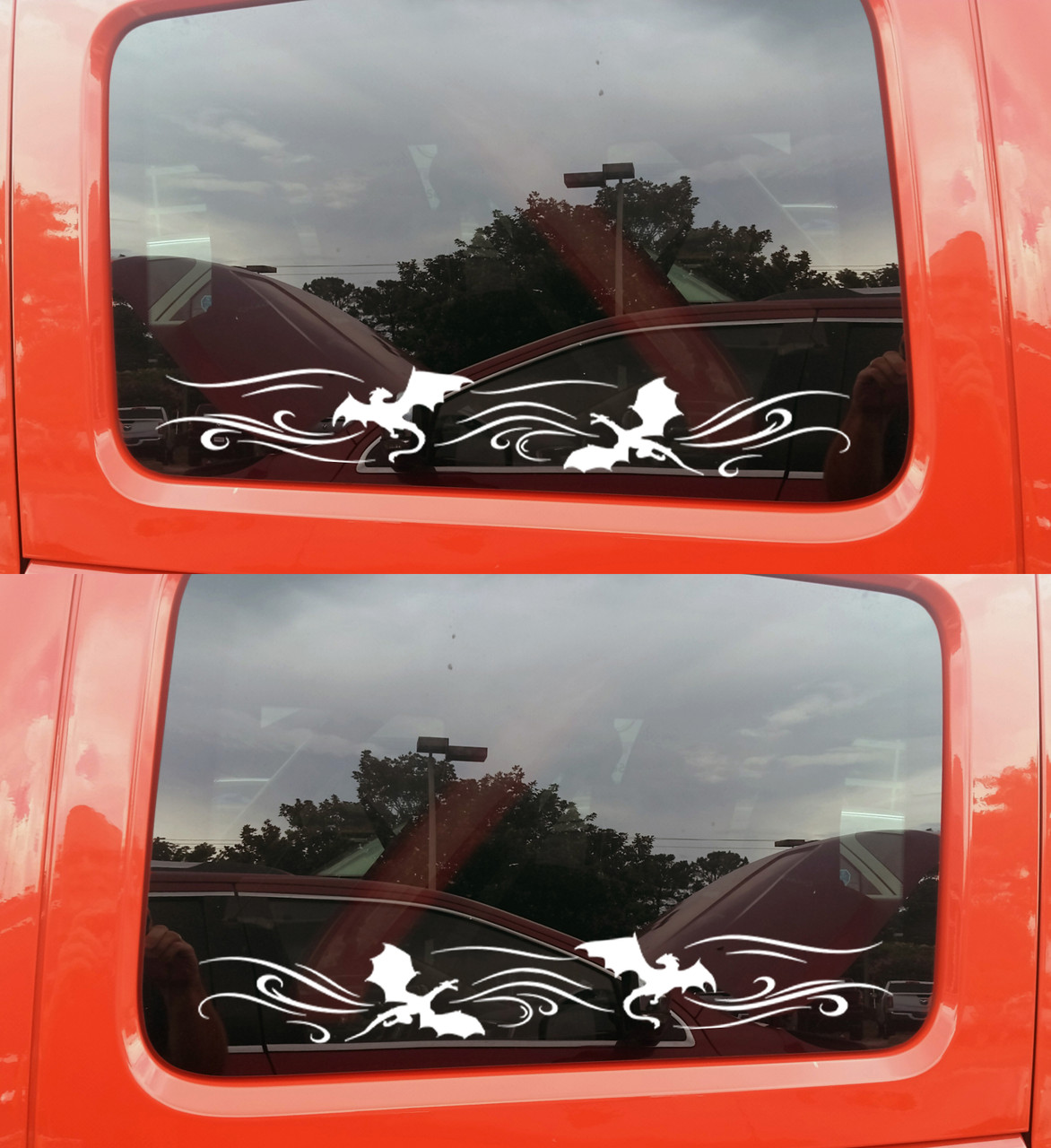 Mirrored Dragon Battle vinyl decals featuring two flying winged dragons with sweeping wind designs for opposite truck hood sides